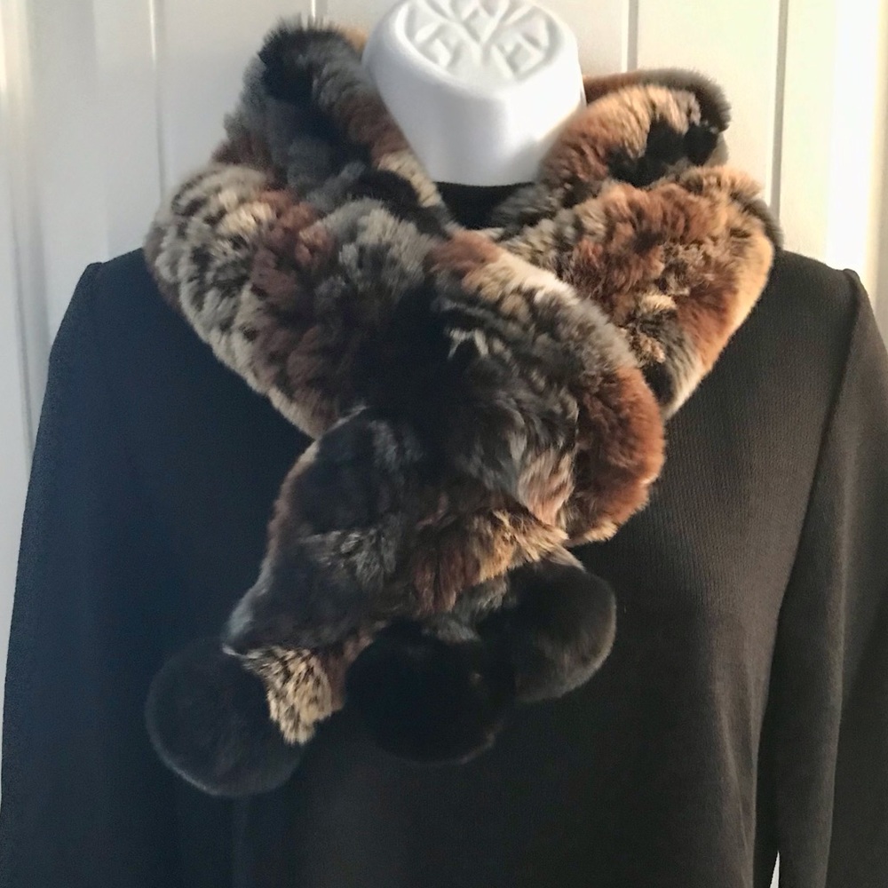 Brown, gray, black dyed rabbit scarf with Pom-poms